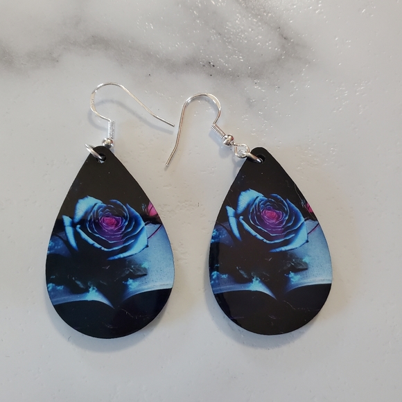 Blue Rose on Book Teardrop Earrings - Picture 4 of 8